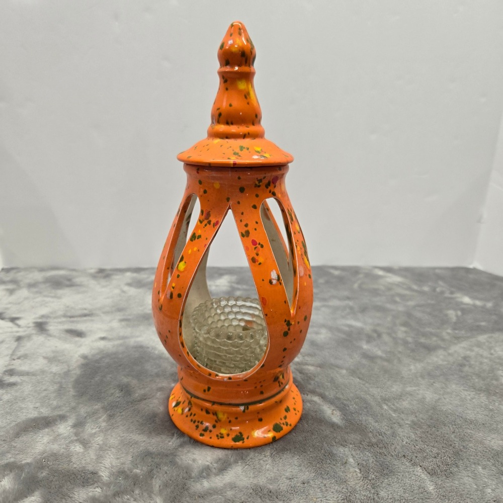 Vintage‎ Orange Splatter Ceramic Tea Light Lantern with Hobnail Glass Insert